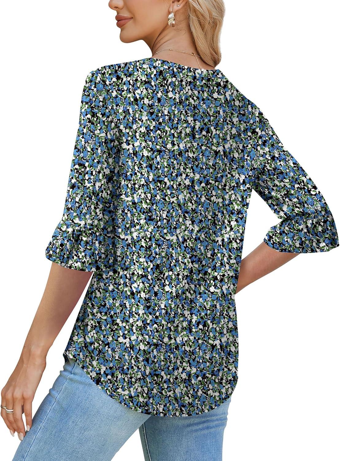 imageSAMPEEL 34 Length Sleeves Womens Tops Blouses for Women Dressy Casual Tops Trendy Summer Shirts Spring Clothes 2025Floral Blue