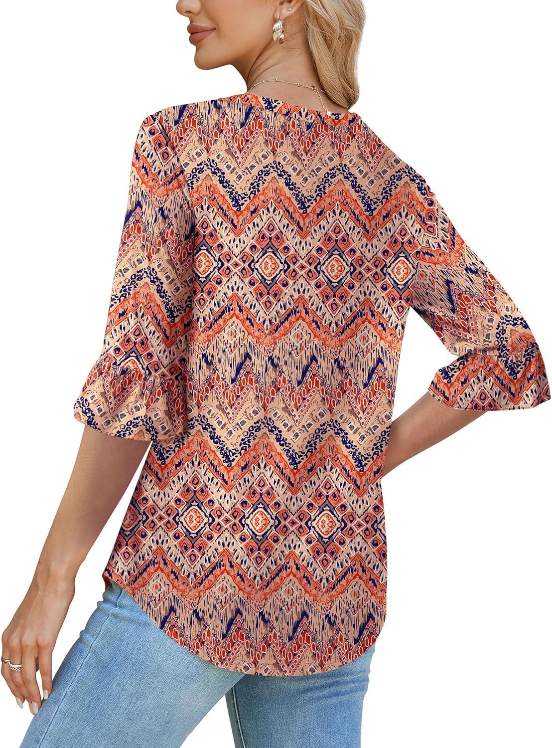 imageSAMPEEL 34 Length Sleeves Womens Tops Blouses for Women Dressy Casual Tops Trendy Summer Shirts Spring Clothes 2025Floral Bohemia