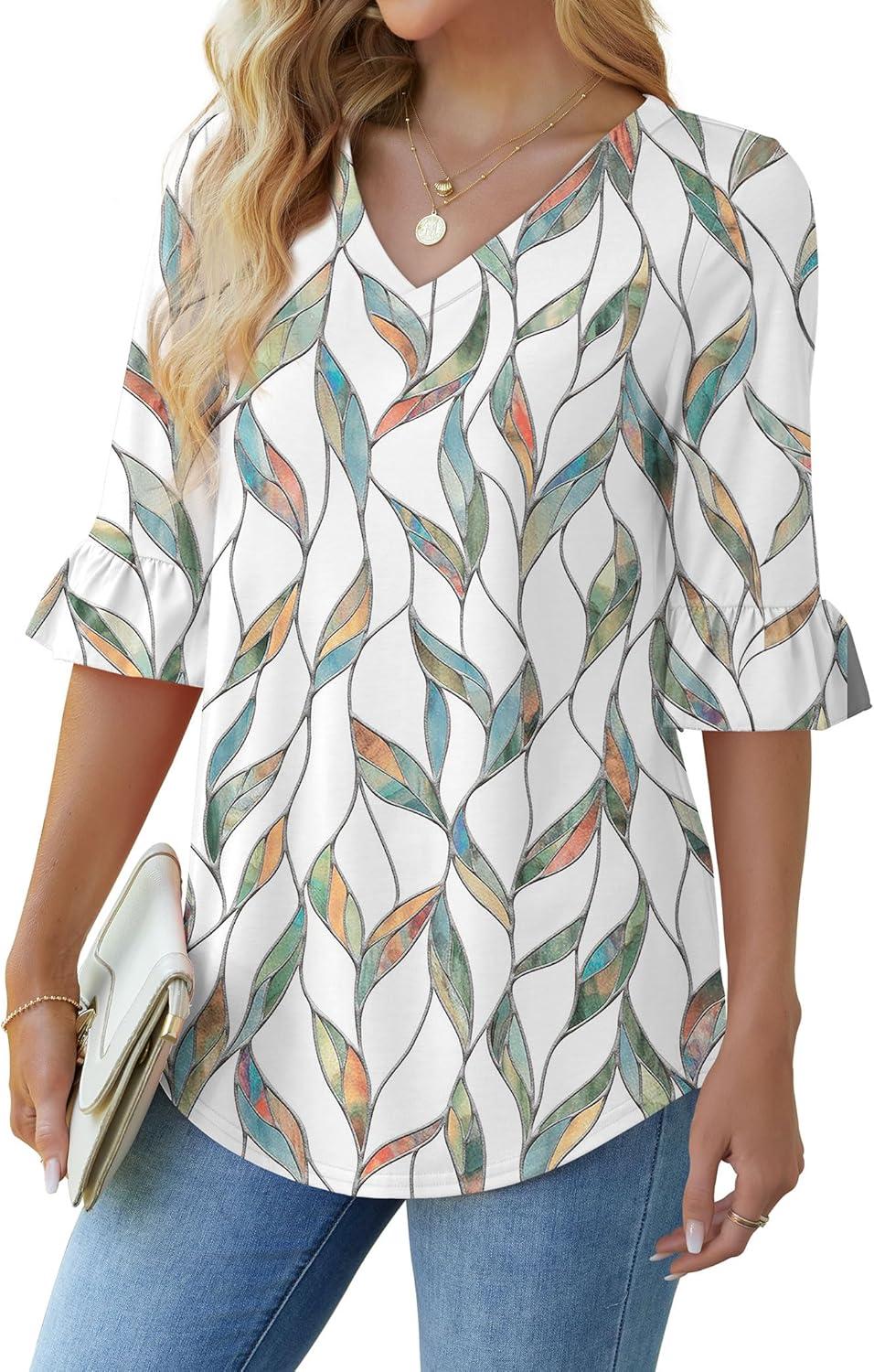 imageSAMPEEL 34 Length Sleeves Womens Tops Blouses for Women Dressy Casual Tops Trendy Summer Shirts Spring Clothes 2025Floral Leaves