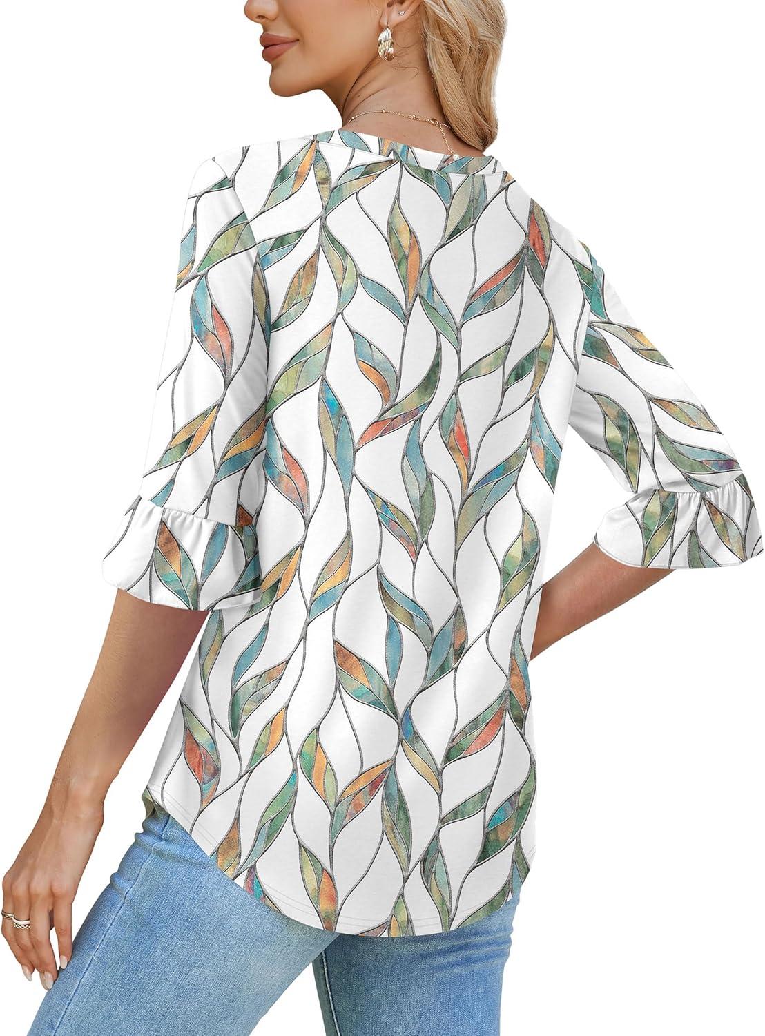 imageSAMPEEL 34 Length Sleeves Womens Tops Blouses for Women Dressy Casual Tops Trendy Summer Shirts Spring Clothes 2025Floral Leaves