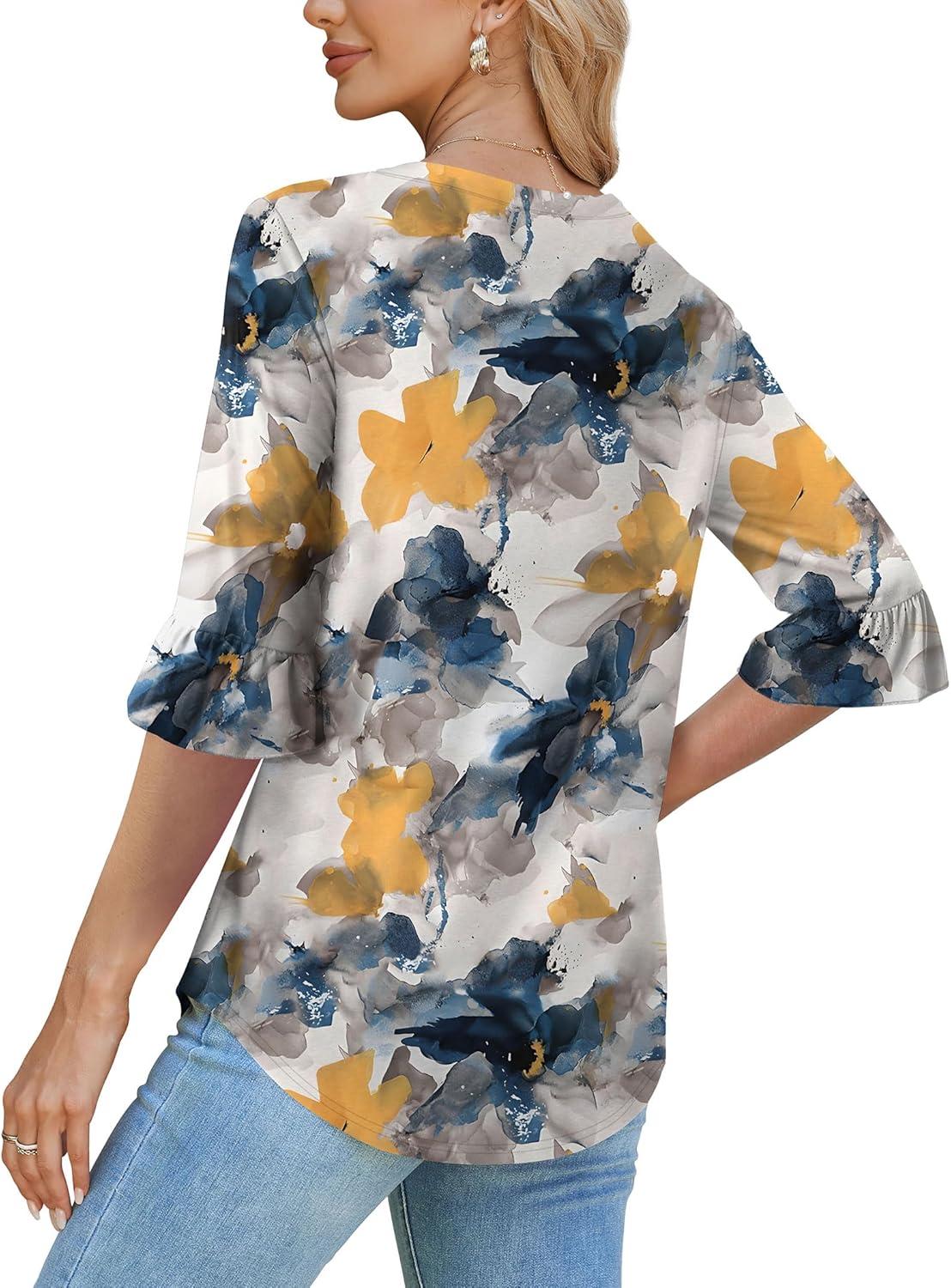 imageSAMPEEL 34 Length Sleeves Womens Tops Blouses for Women Dressy Casual Tops Trendy Summer Shirts Spring Clothes 2025Floral Painting