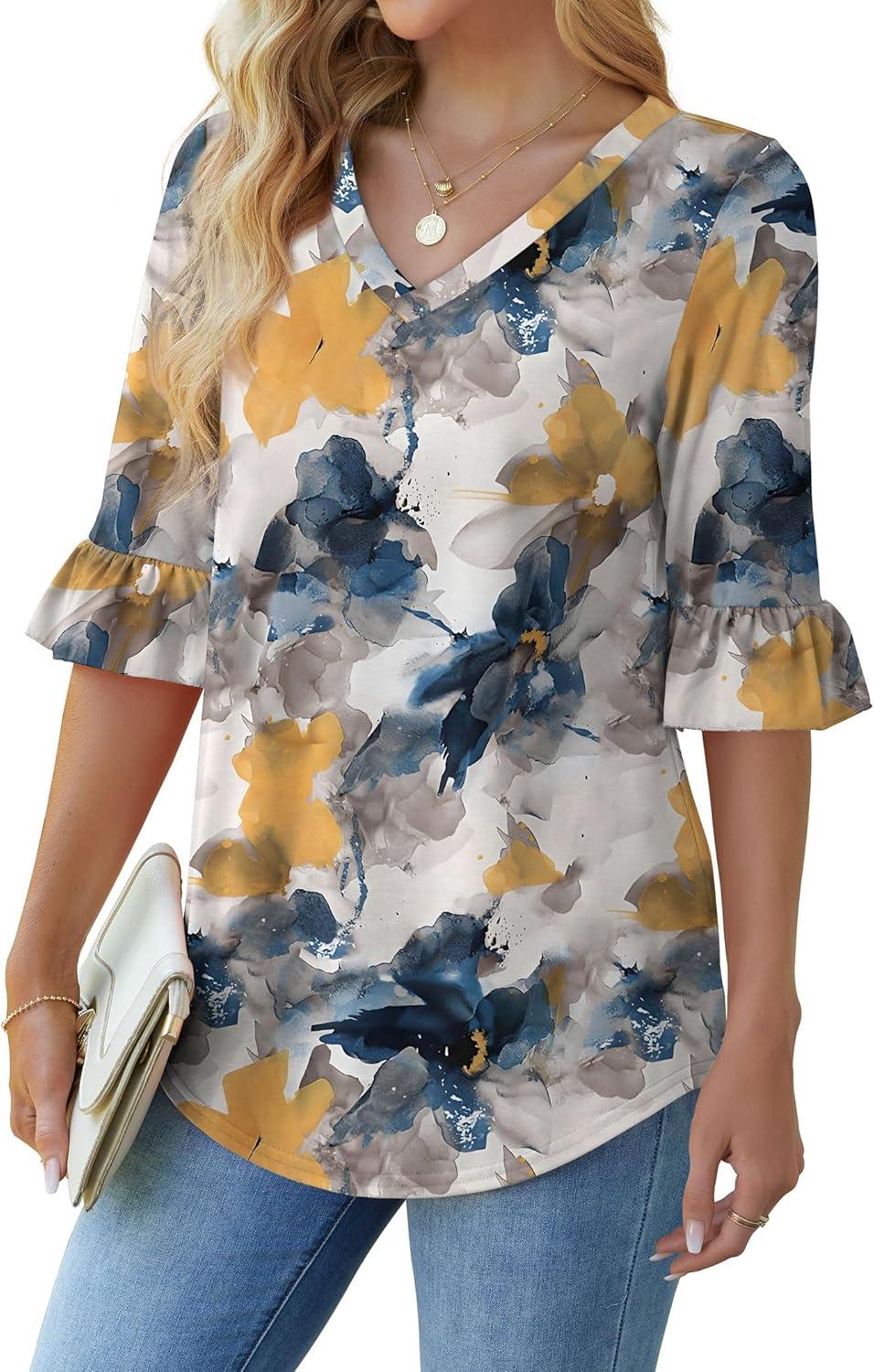 imageSAMPEEL 34 Length Sleeves Womens Tops Blouses for Women Dressy Casual Tops Trendy Summer Shirts Spring Clothes 2025Floral Painting