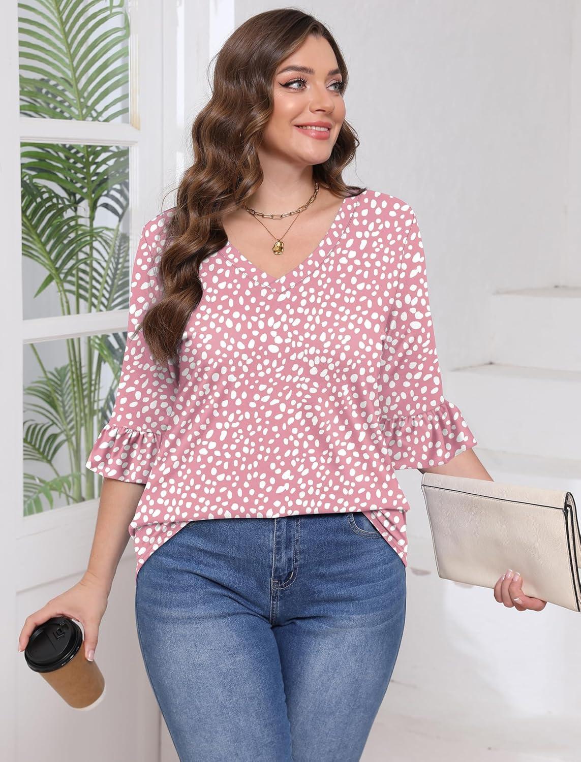 imageSAMPEEL 34 Length Sleeves Womens Tops Blouses for Women Dressy Casual Tops Trendy Summer Shirts Spring Clothes 2025Floral Pink Dot