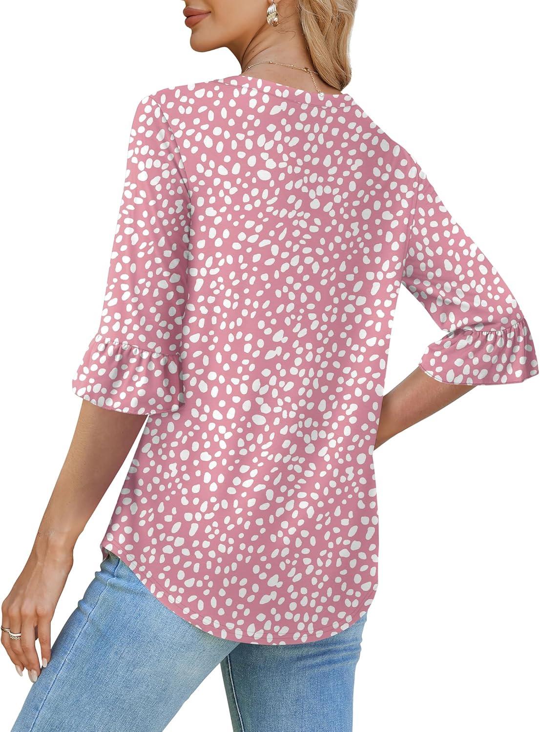 imageSAMPEEL 34 Length Sleeves Womens Tops Blouses for Women Dressy Casual Tops Trendy Summer Shirts Spring Clothes 2025Floral Pink Dot