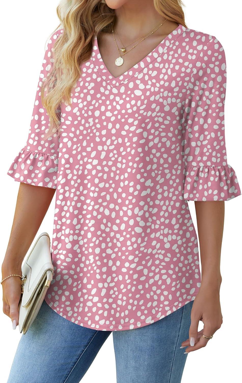 imageSAMPEEL 34 Length Sleeves Womens Tops Blouses for Women Dressy Casual Tops Trendy Summer Shirts Spring Clothes 2025Floral Pink Dot