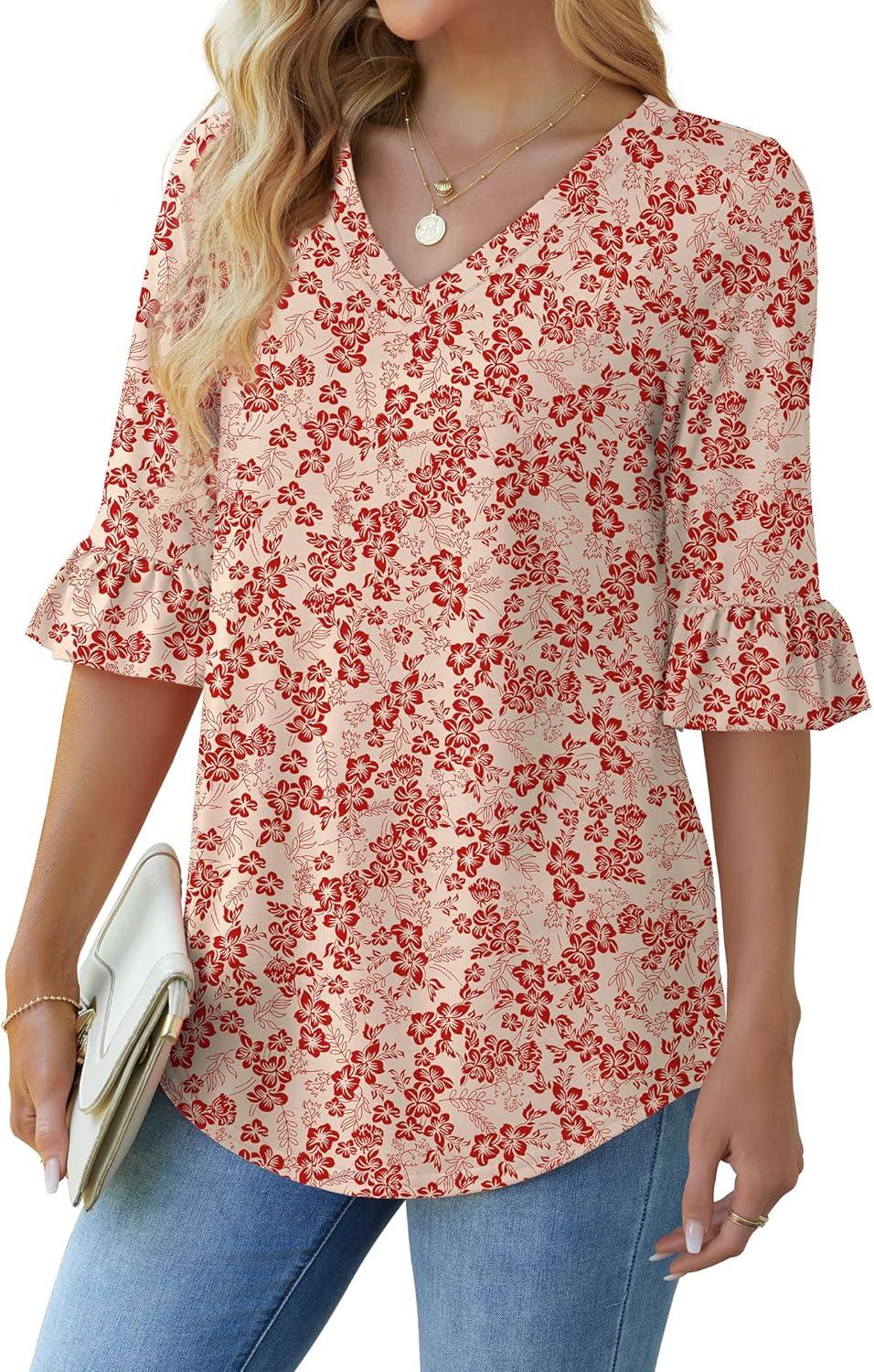 imageSAMPEEL 34 Length Sleeves Womens Tops Blouses for Women Dressy Casual Tops Trendy Summer Shirts Spring Clothes 2025Floral Red