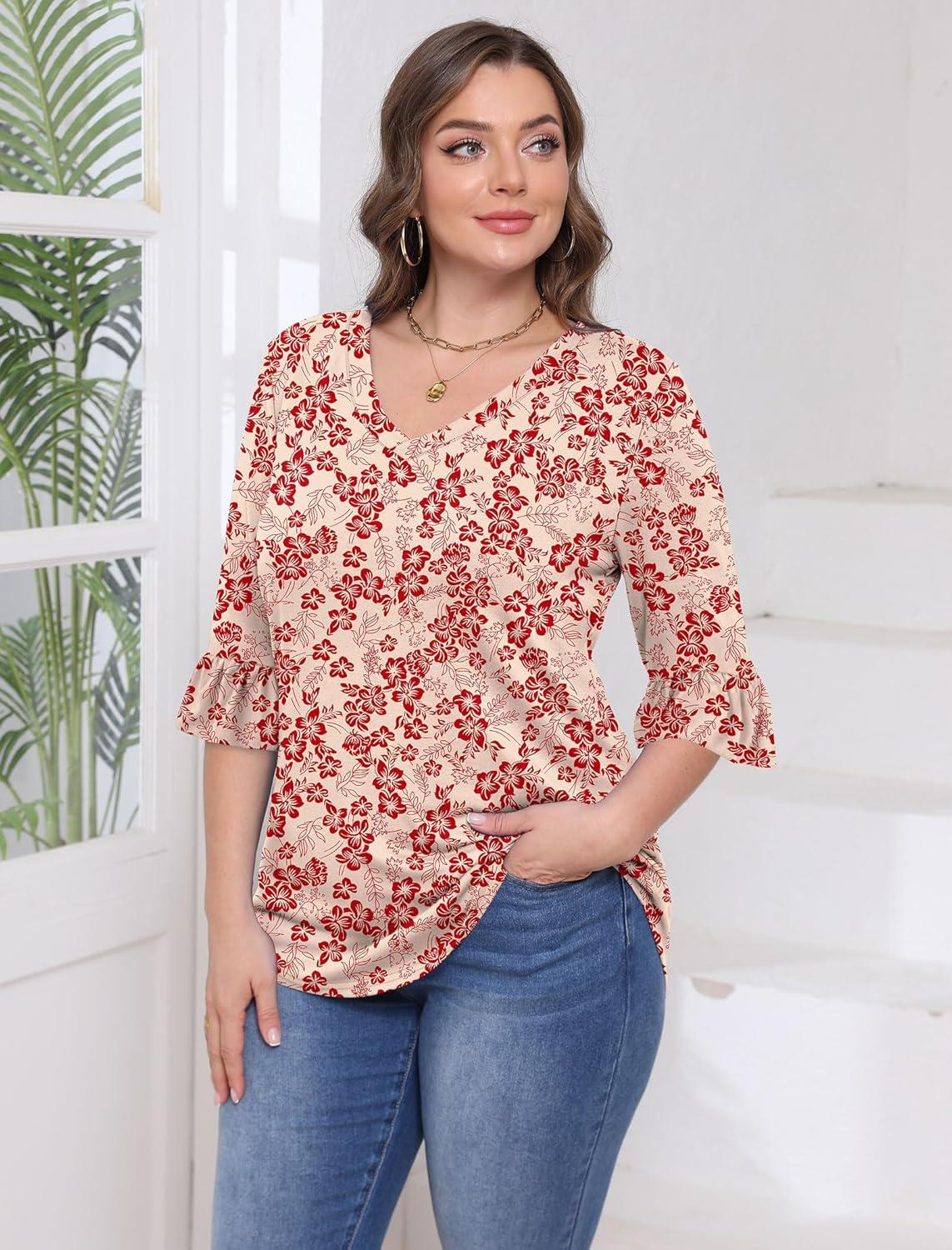 imageSAMPEEL 34 Length Sleeves Womens Tops Blouses for Women Dressy Casual Tops Trendy Summer Shirts Spring Clothes 2025Floral Red