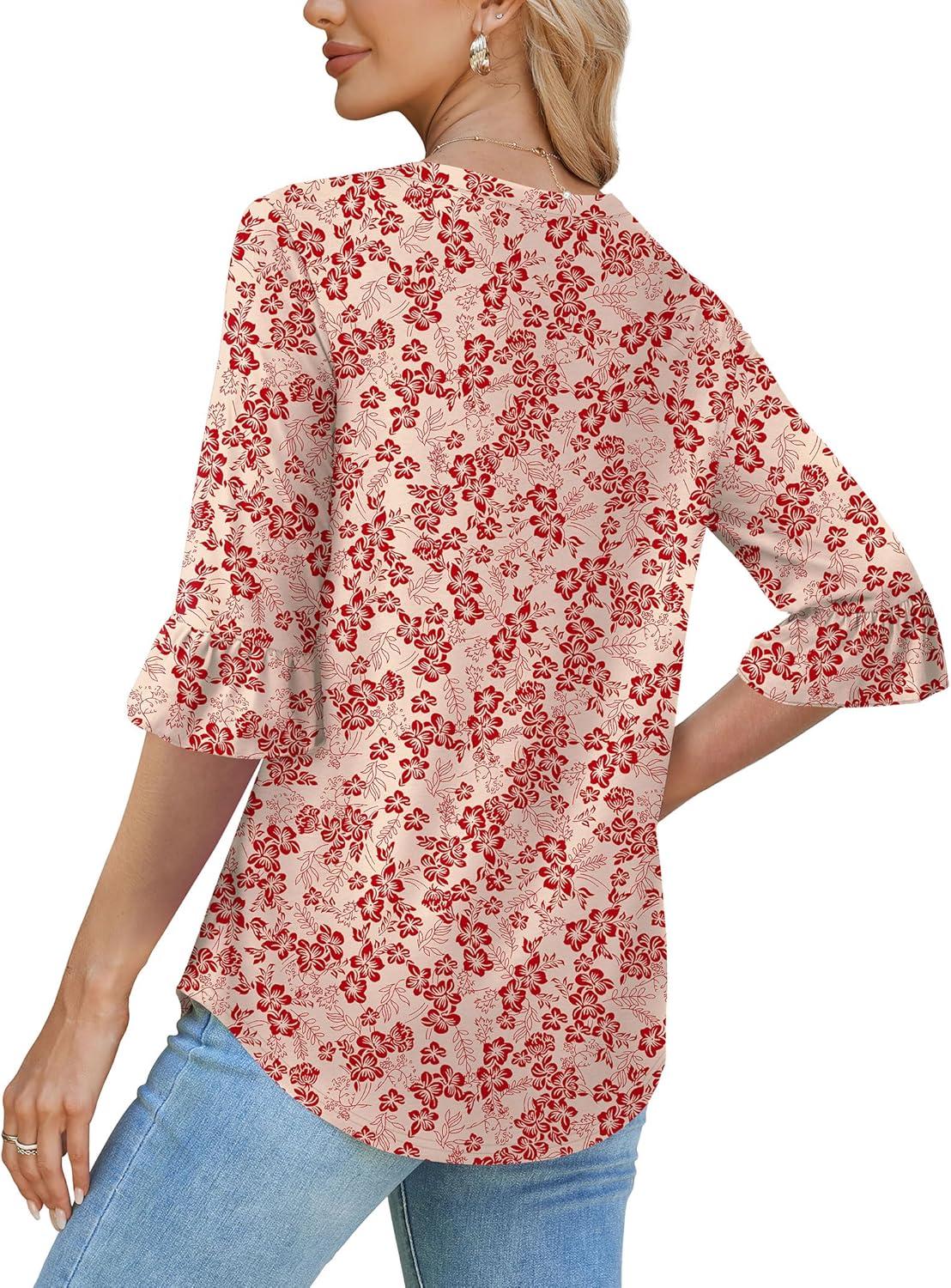 imageSAMPEEL 34 Length Sleeves Womens Tops Blouses for Women Dressy Casual Tops Trendy Summer Shirts Spring Clothes 2025Floral Red