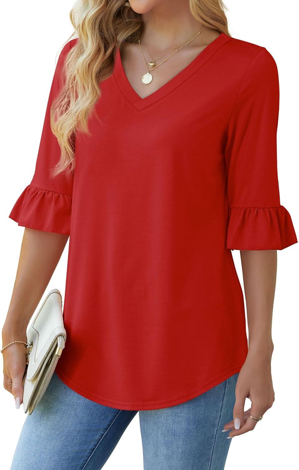 imageSAMPEEL 34 Length Sleeves Womens Tops Blouses for Women Dressy Casual Tops Trendy Summer Shirts Spring Clothes 2025Red