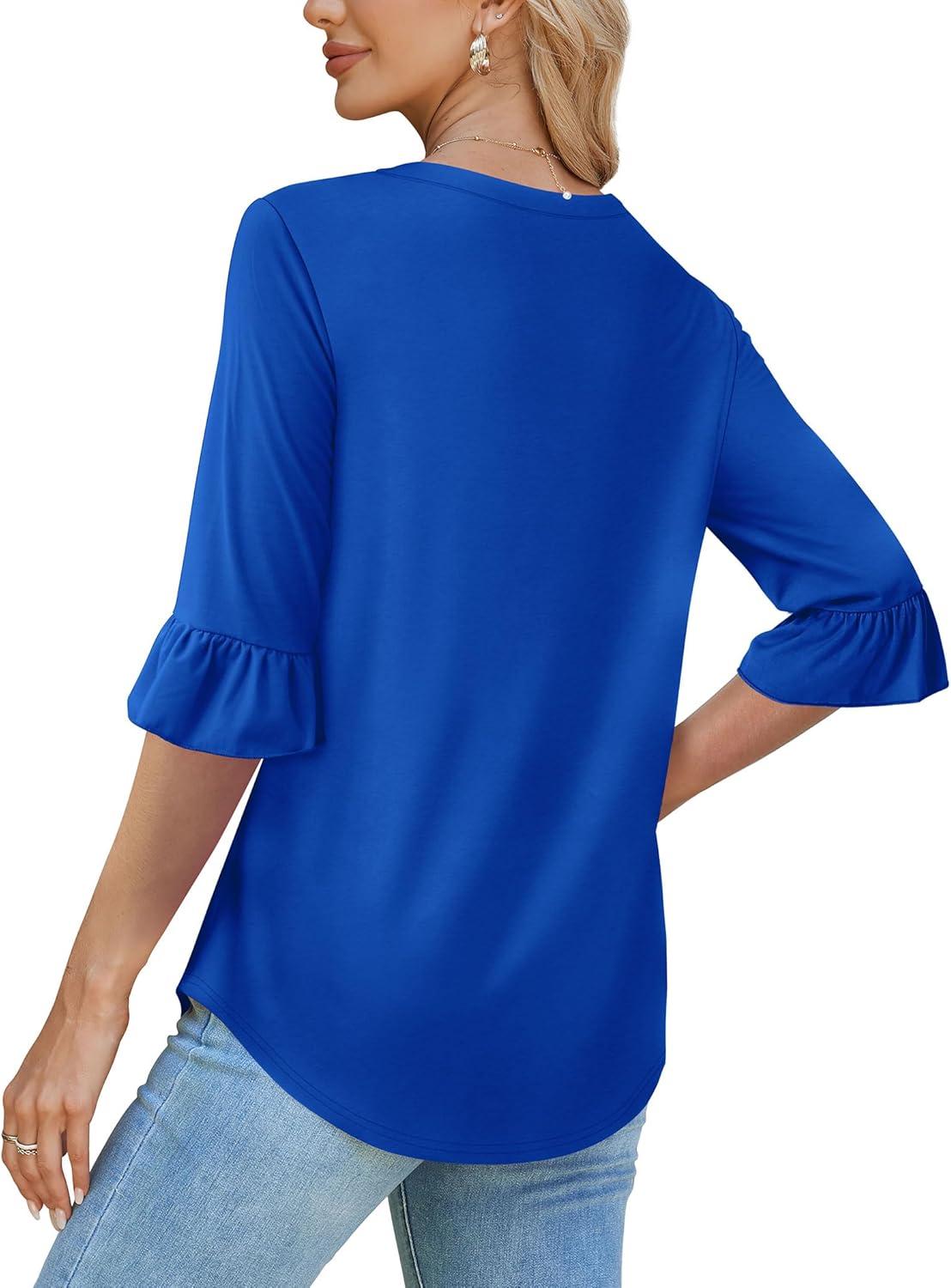imageSAMPEEL 34 Length Sleeves Womens Tops Blouses for Women Dressy Casual Tops Trendy Summer Shirts Spring Clothes 2025Royal Blue