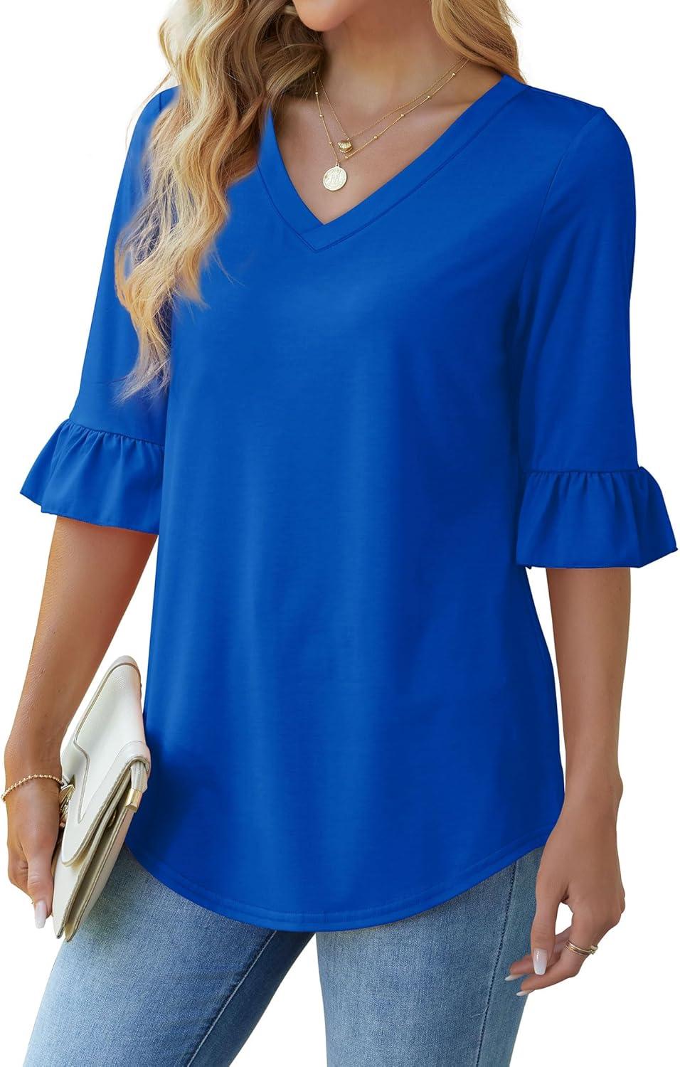 imageSAMPEEL 34 Length Sleeves Womens Tops Blouses for Women Dressy Casual Tops Trendy Summer Shirts Spring Clothes 2025Royal Blue