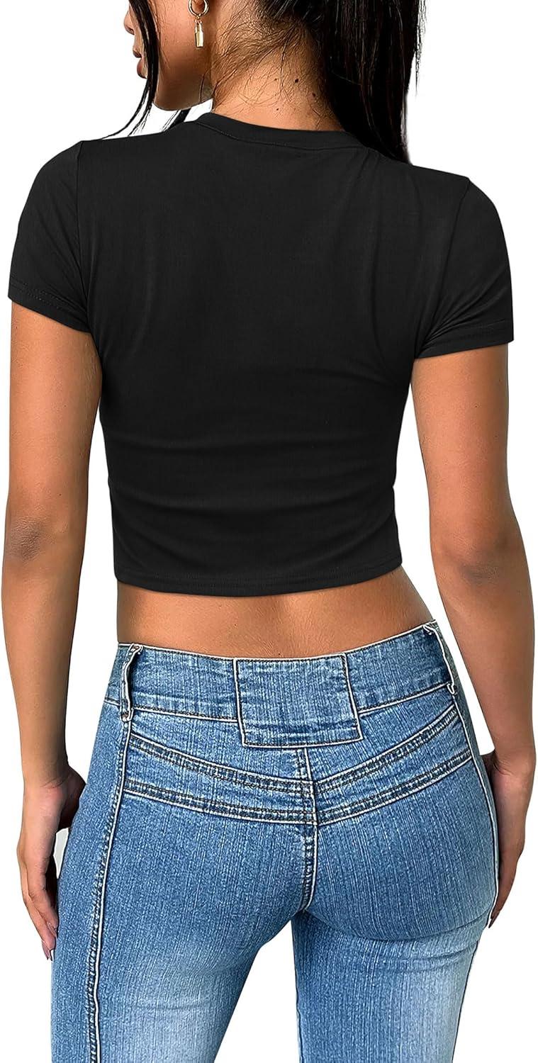 imageSAMPEEL Crop Tops for Women Summer Trendy Tight Tshirts 2024 Slim FitBlack