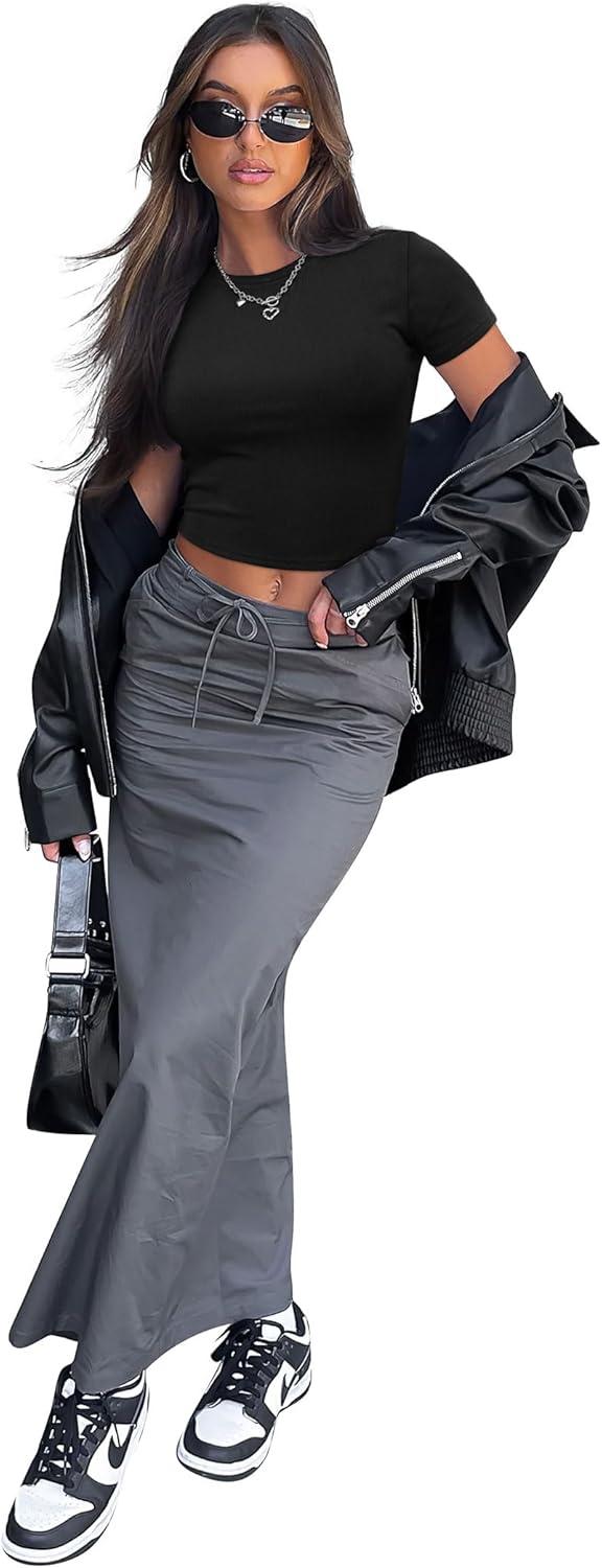 imageSAMPEEL Crop Tops for Women Summer Trendy Tight Tshirts 2024 Slim FitBlack