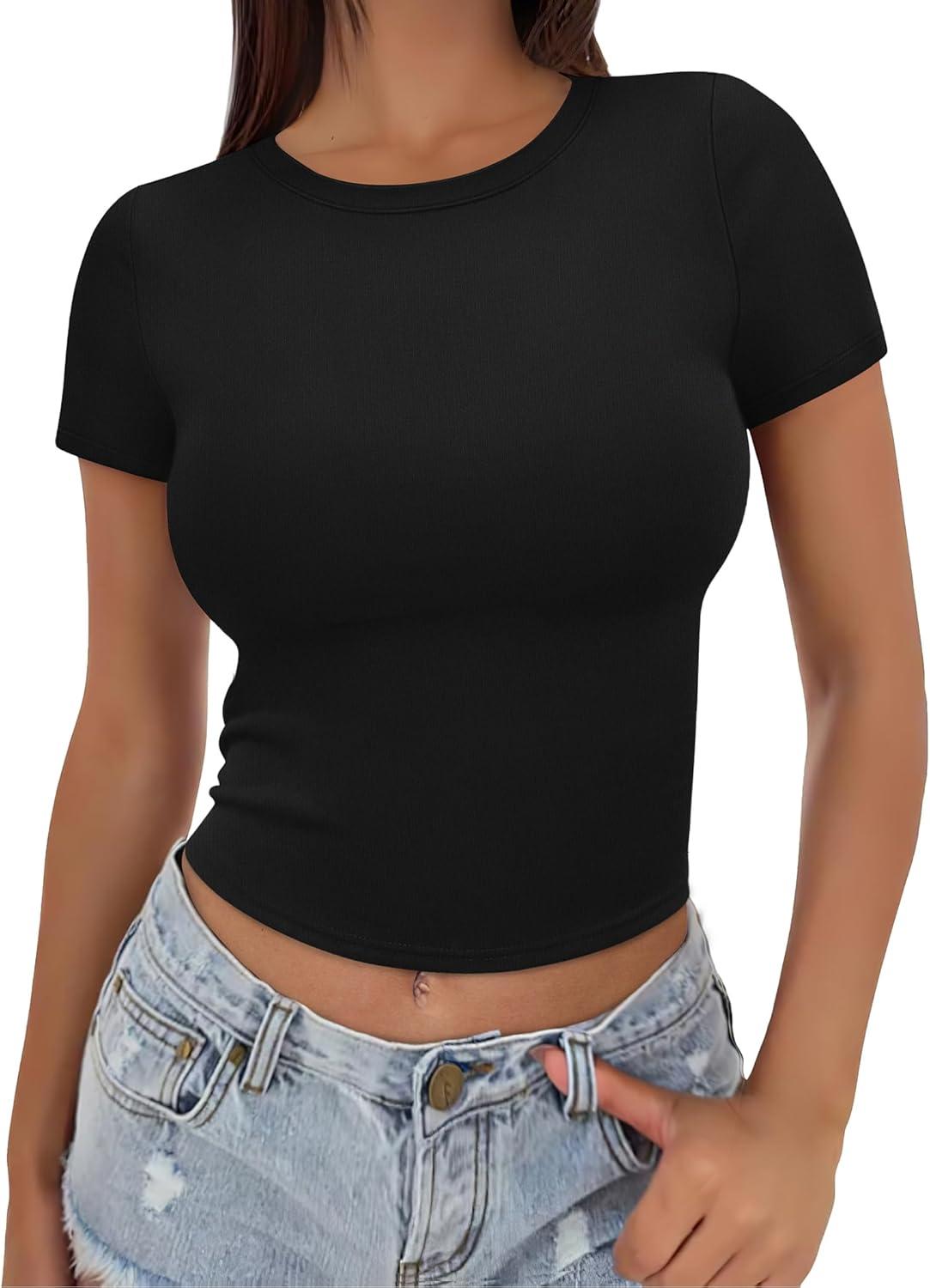 imageSAMPEEL Crop Tops for Women Summer Trendy Tight Tshirts 2024 Slim FitBlack