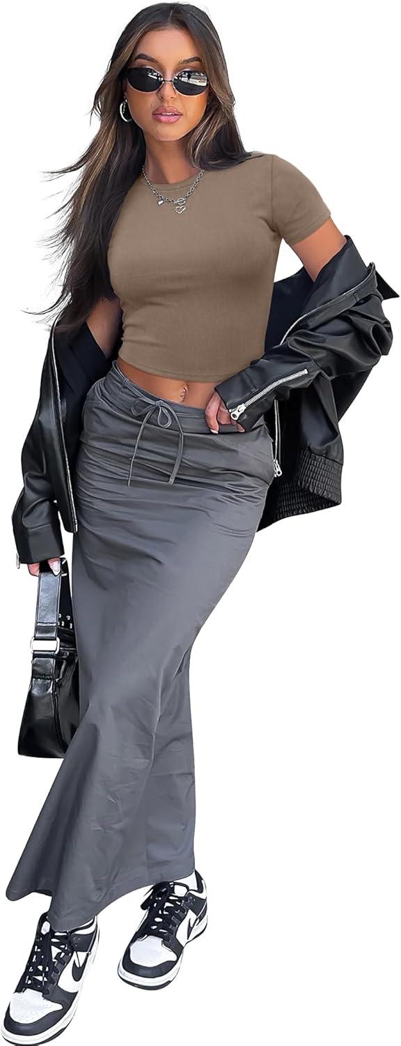 imageSAMPEEL Crop Tops for Women Summer Trendy Tight Tshirts 2024 Slim FitBrown