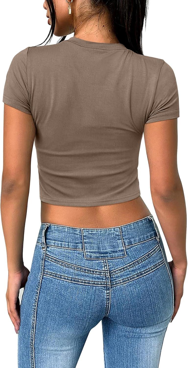 imageSAMPEEL Crop Tops for Women Summer Trendy Tight Tshirts 2024 Slim FitBrown