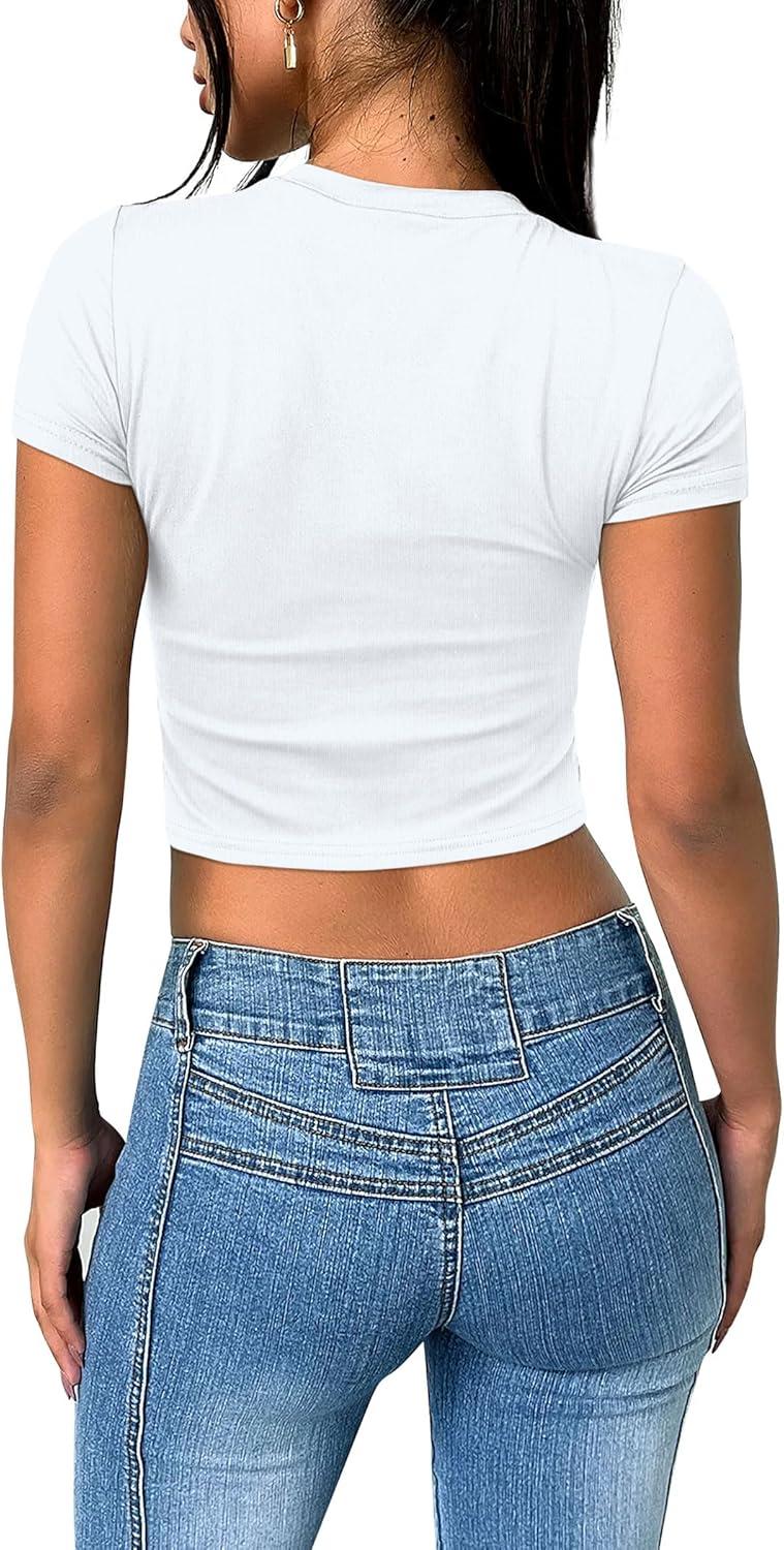 imageSAMPEEL Crop Tops for Women Summer Trendy Tight Tshirts 2024 Slim FitClassical White