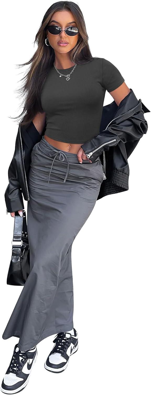 imageSAMPEEL Crop Tops for Women Summer Trendy Tight Tshirts 2024 Slim FitDark Grey