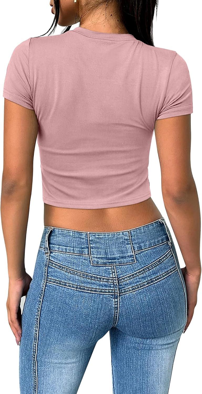 imageSAMPEEL Crop Tops for Women Summer Trendy Tight Tshirts 2024 Slim FitDusk Pink