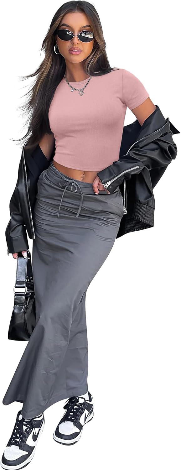 imageSAMPEEL Crop Tops for Women Summer Trendy Tight Tshirts 2024 Slim FitDusk Pink