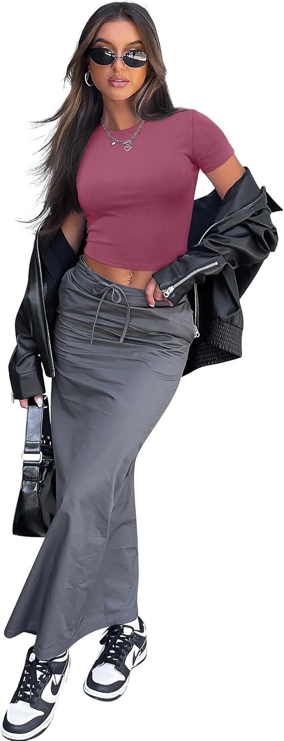 imageSAMPEEL Crop Tops for Women Summer Trendy Tight Tshirts 2024 Slim FitFuchsia
