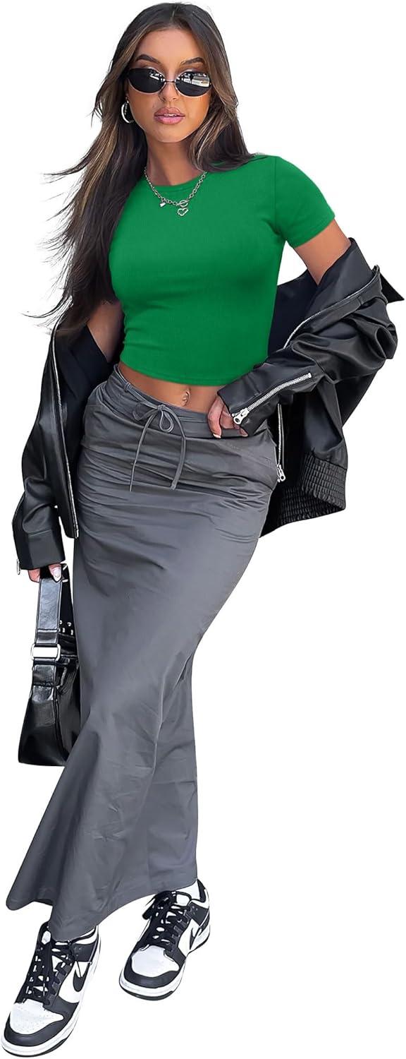 imageSAMPEEL Crop Tops for Women Summer Trendy Tight Tshirts 2024 Slim FitGreen