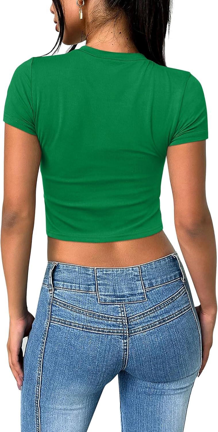 imageSAMPEEL Crop Tops for Women Summer Trendy Tight Tshirts 2024 Slim FitGreen