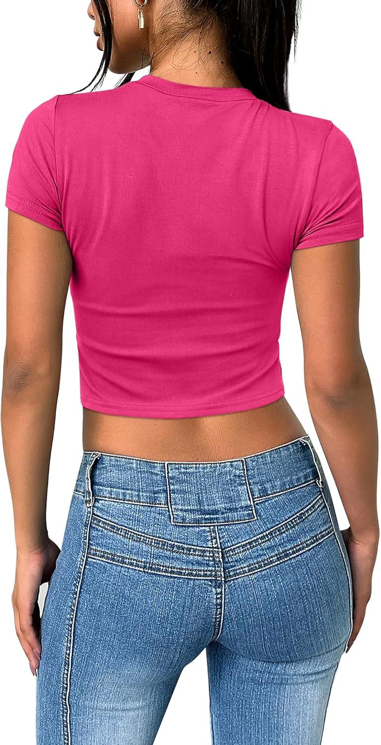 imageSAMPEEL Crop Tops for Women Summer Trendy Tight Tshirts 2024 Slim FitHot Pink