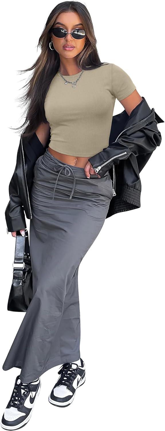 imageSAMPEEL Crop Tops for Women Summer Trendy Tight Tshirts 2024 Slim FitKhaki Coffee