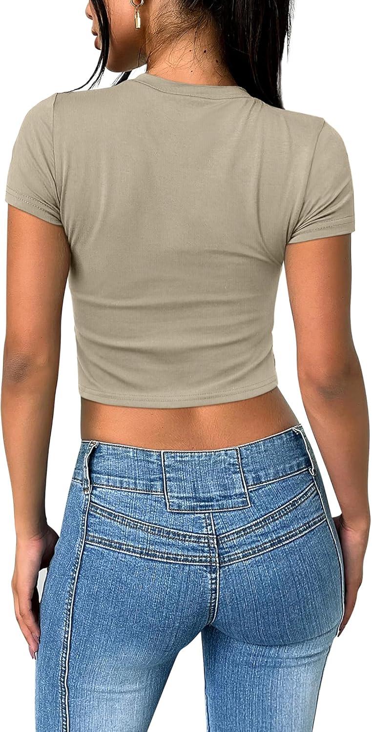 imageSAMPEEL Crop Tops for Women Summer Trendy Tight Tshirts 2024 Slim FitKhaki Coffee