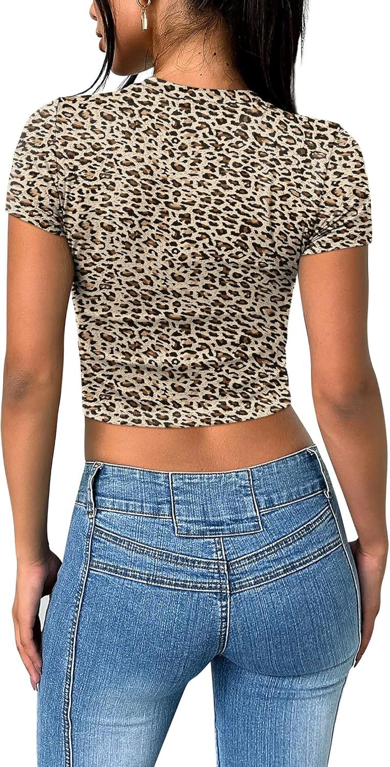 imageSAMPEEL Crop Tops for Women Summer Trendy Tight Tshirts 2024 Slim FitLeopard Print