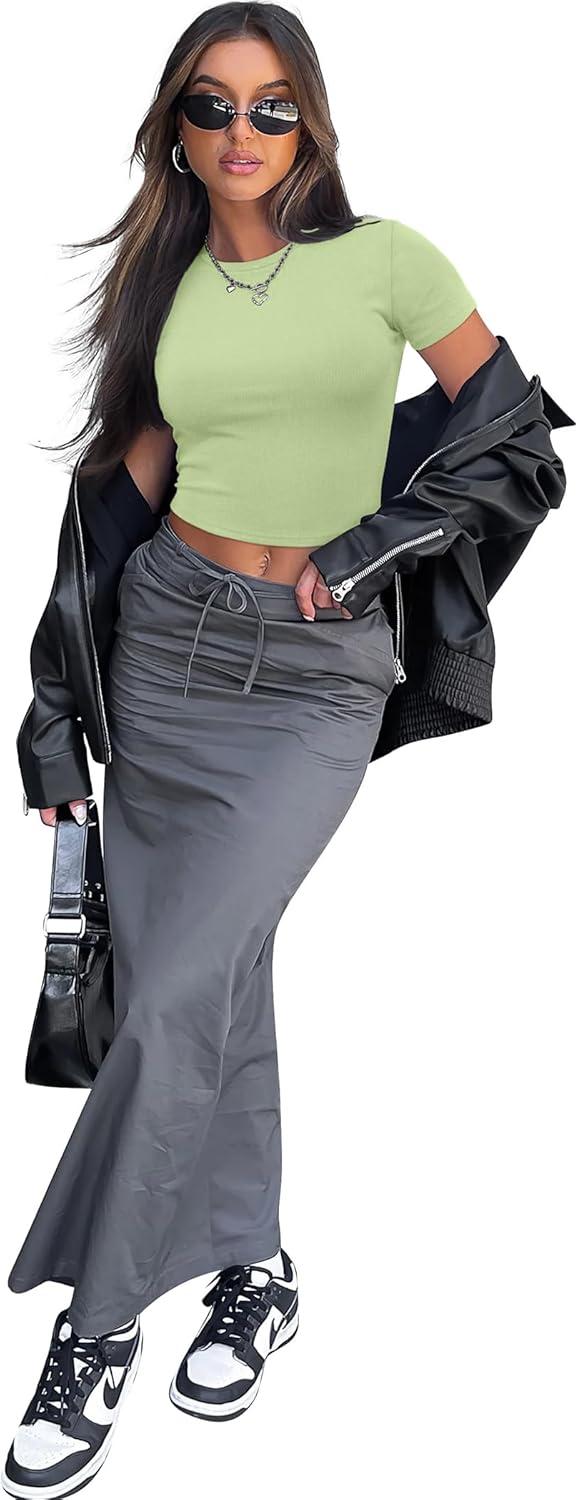 imageSAMPEEL Crop Tops for Women Summer Trendy Tight Tshirts 2024 Slim FitLight Green