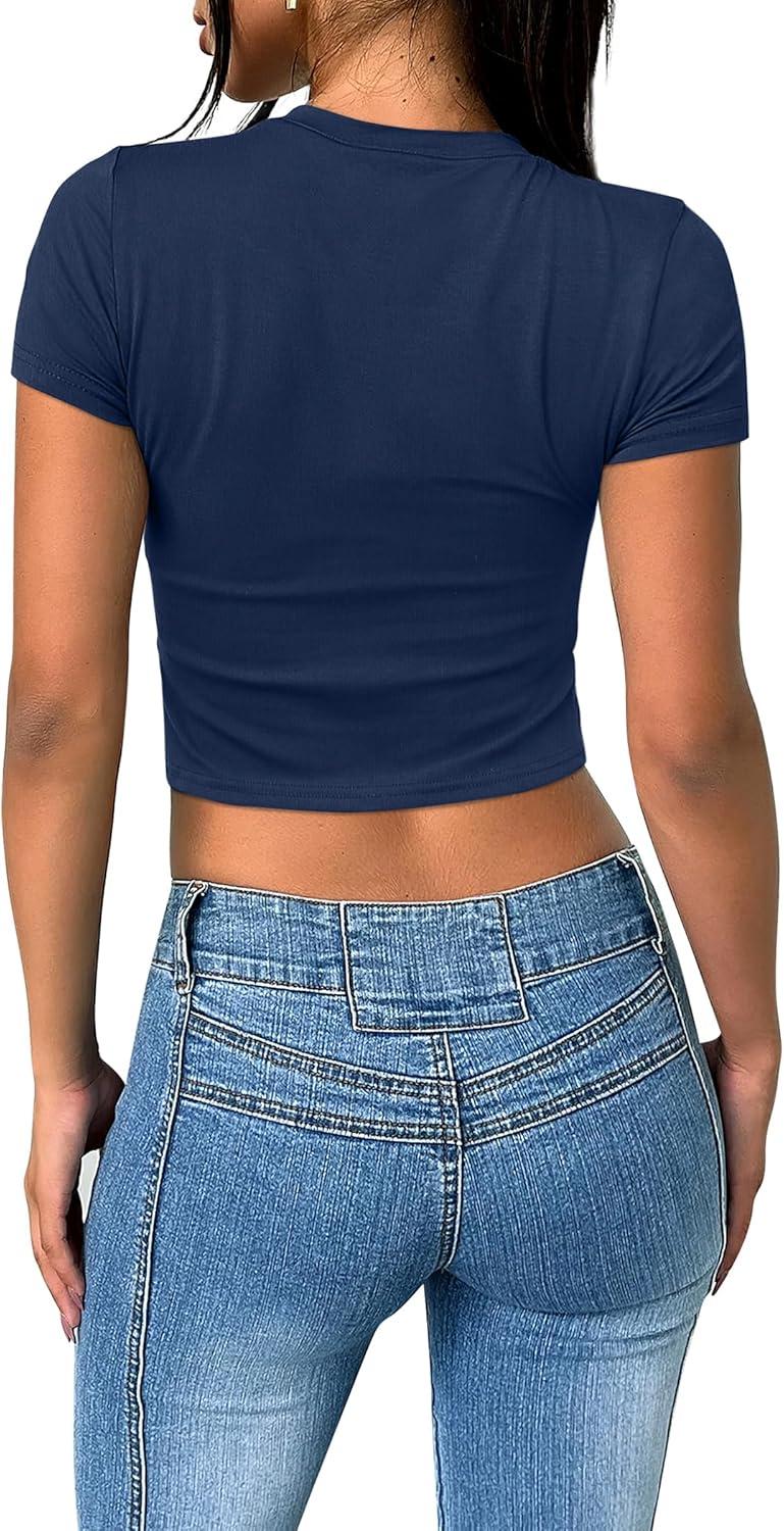 imageSAMPEEL Crop Tops for Women Summer Trendy Tight Tshirts 2024 Slim FitNavy Blue