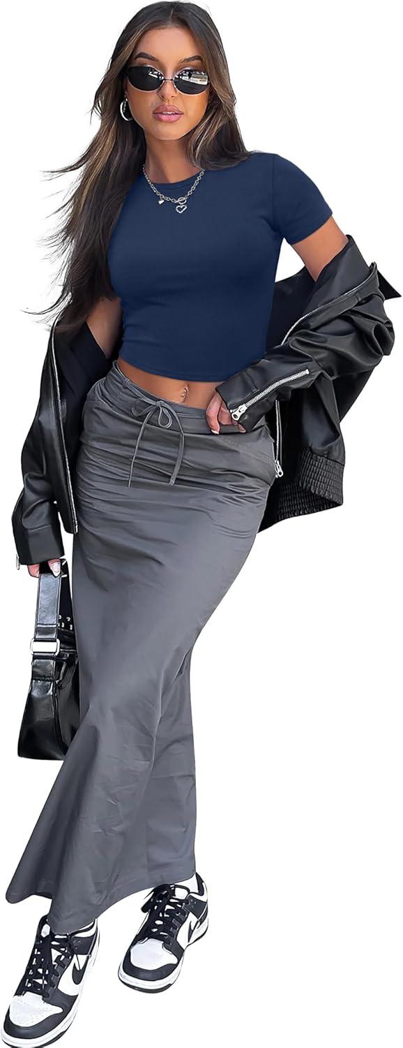 imageSAMPEEL Crop Tops for Women Summer Trendy Tight Tshirts 2024 Slim FitNavy Blue