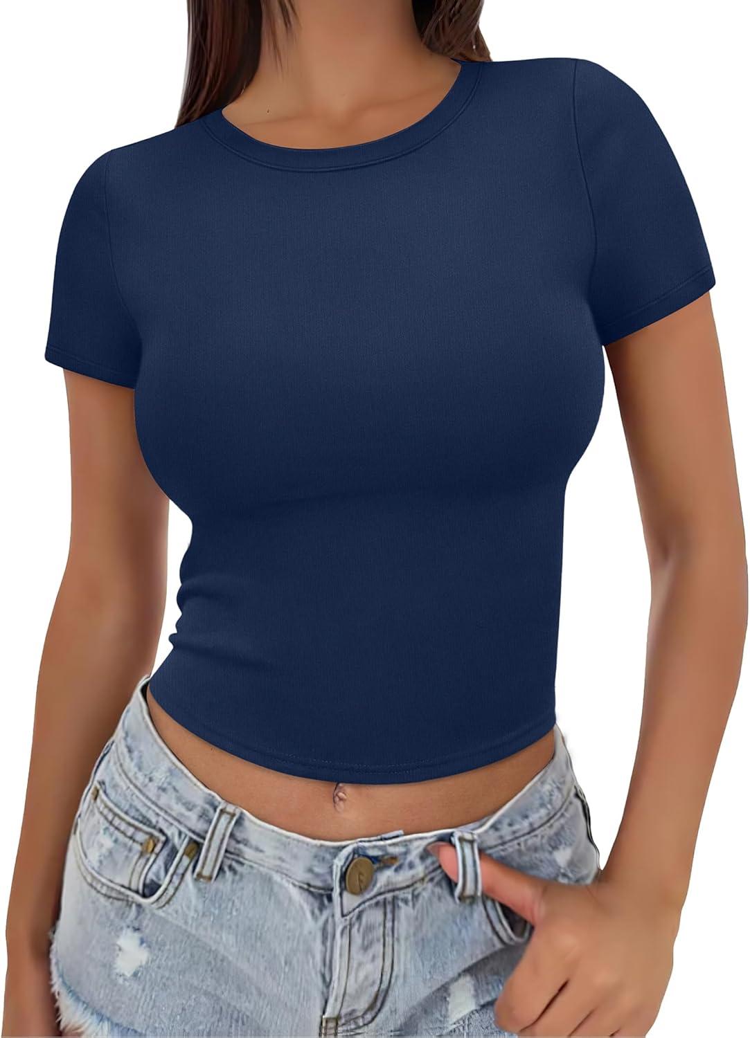imageSAMPEEL Crop Tops for Women Summer Trendy Tight Tshirts 2024 Slim FitNavy Blue