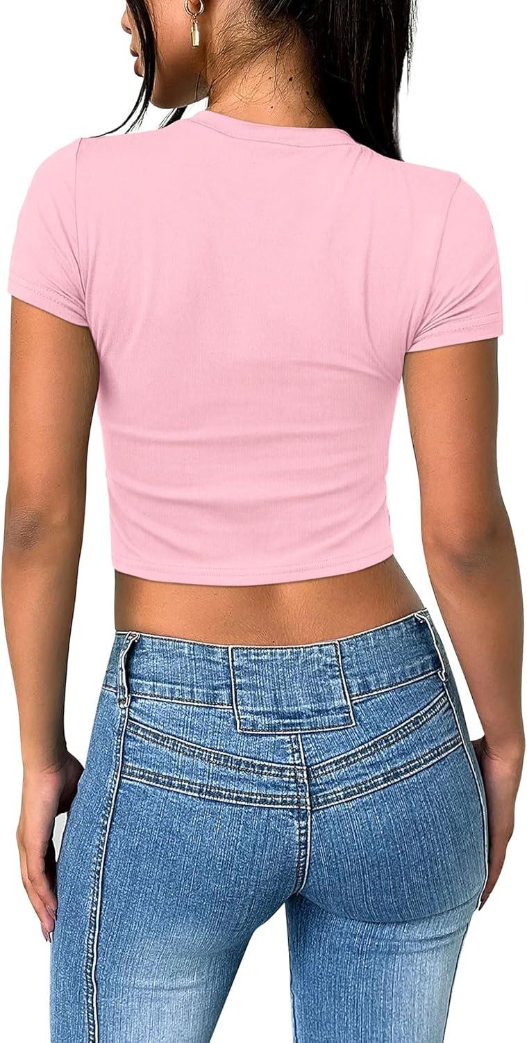 imageSAMPEEL Crop Tops for Women Summer Trendy Tight Tshirts 2024 Slim FitPink