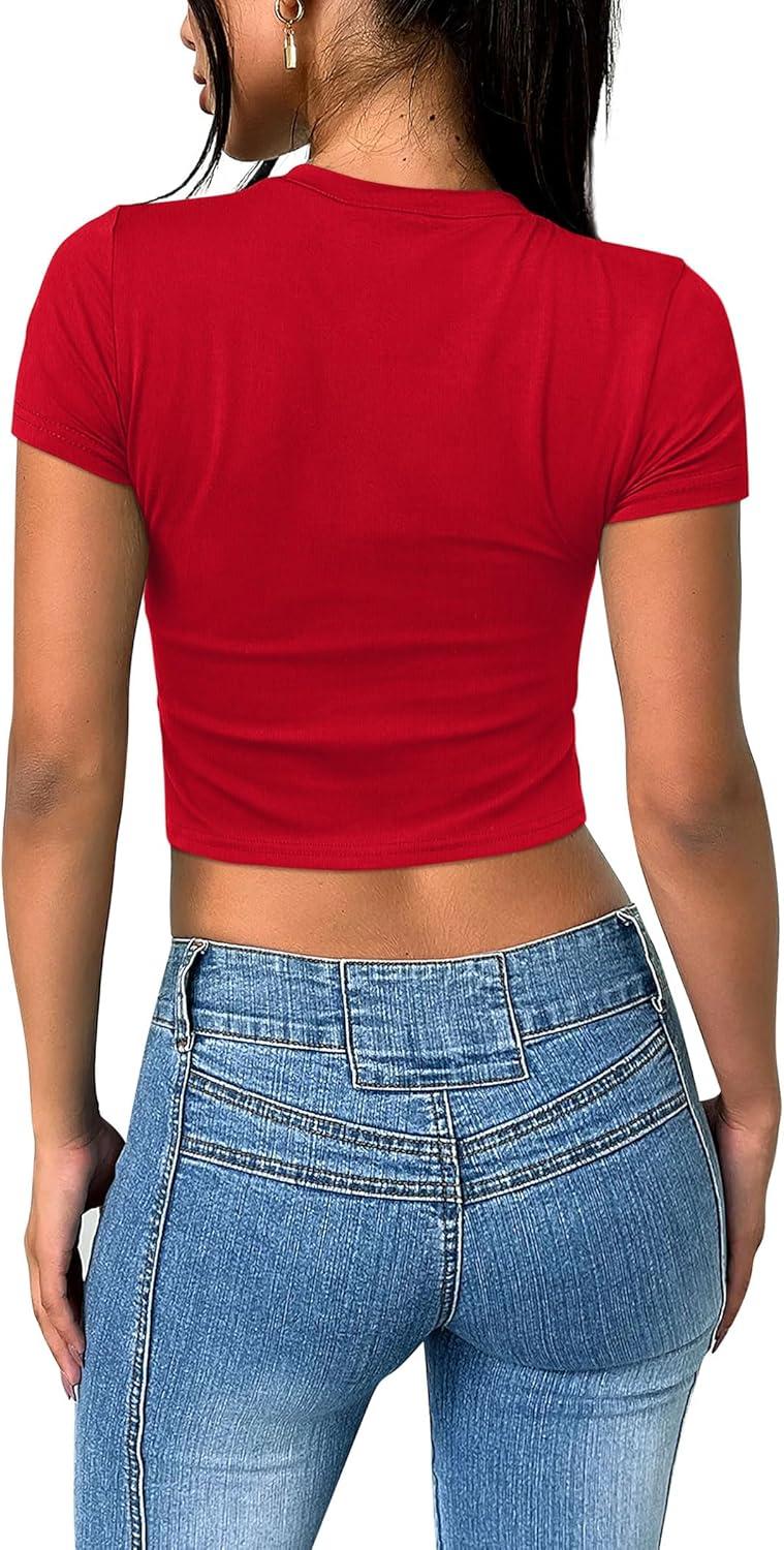 imageSAMPEEL Crop Tops for Women Summer Trendy Tight Tshirts 2024 Slim FitRed