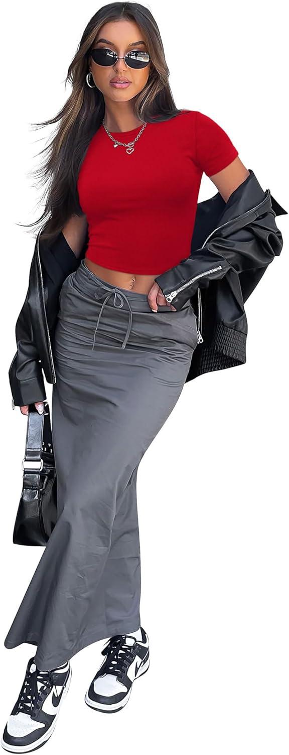 imageSAMPEEL Crop Tops for Women Summer Trendy Tight Tshirts 2024 Slim FitRed