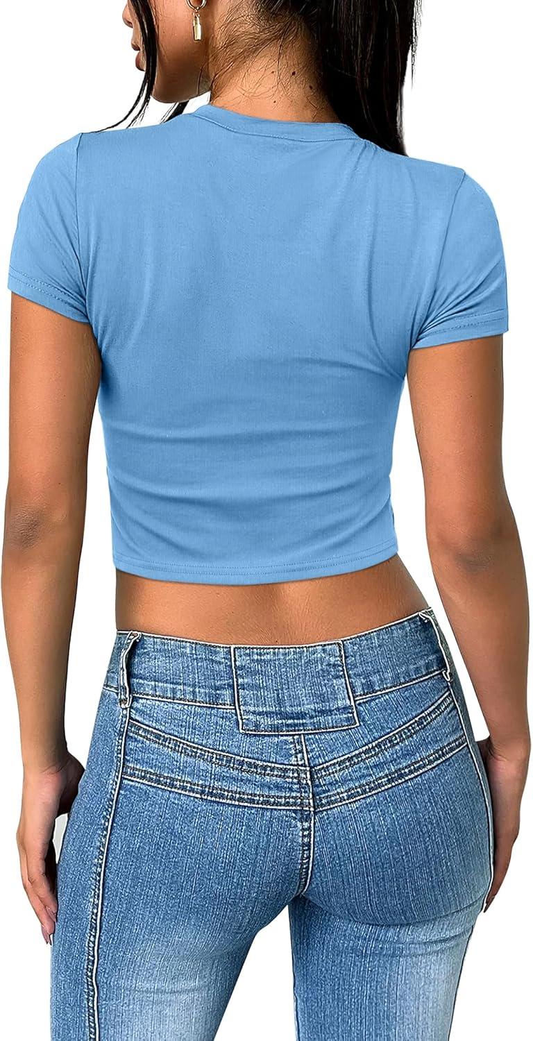 imageSAMPEEL Crop Tops for Women Summer Trendy Tight Tshirts 2024 Slim FitSky Blue