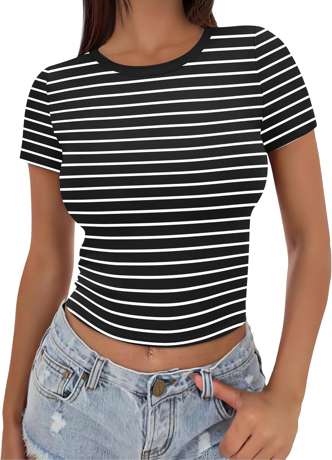 imageSAMPEEL Crop Tops for Women Summer Trendy Tight Tshirts 2024 Slim FitStripe White