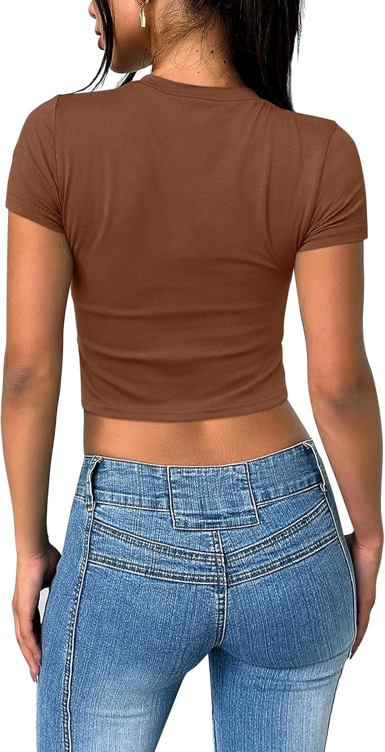 imageSAMPEEL Crop Tops for Women Summer Trendy Tight Tshirts 2024 Slim FitTan Brown