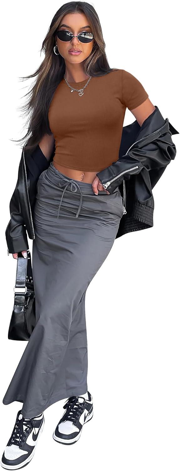 imageSAMPEEL Crop Tops for Women Summer Trendy Tight Tshirts 2024 Slim FitTan Brown