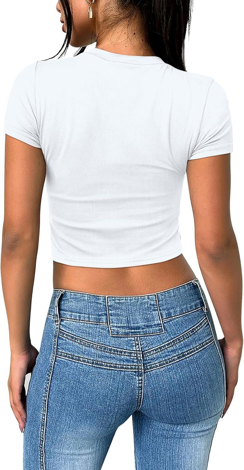 imageSAMPEEL Crop Tops for Women Summer Trendy Tight Tshirts 2024 Slim FitUsa Flag Printed