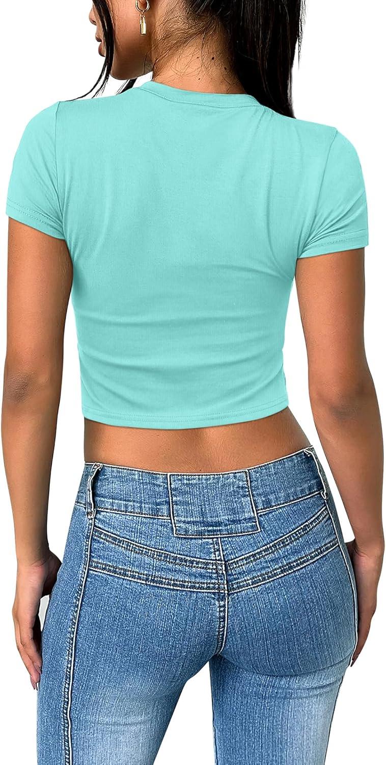 imageSAMPEEL Crop Tops for Women Summer Trendy Tight Tshirts 2024 Slim FitWhite Auqa Blue