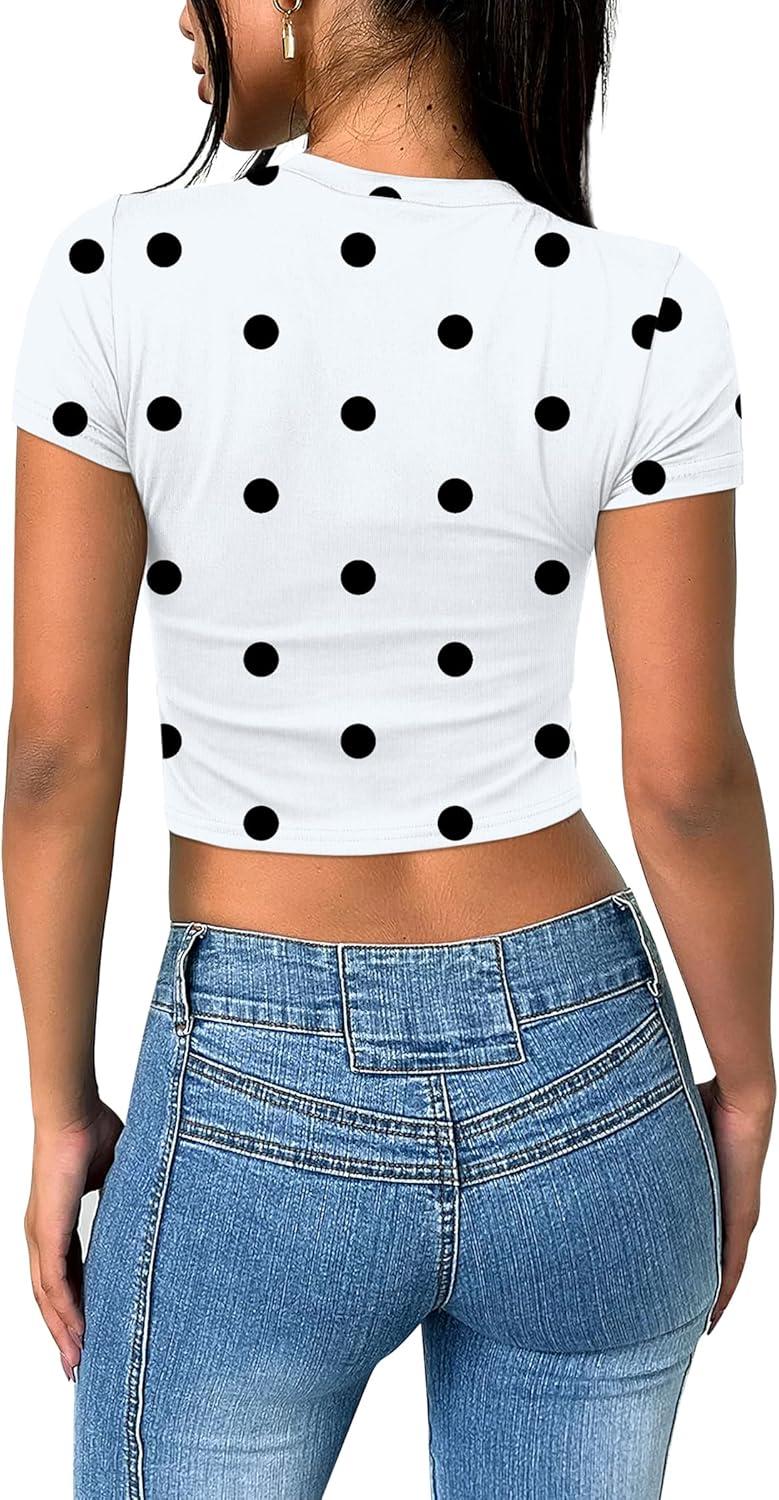 imageSAMPEEL Crop Tops for Women Summer Trendy Tight Tshirts 2024 Slim FitWhite Dots