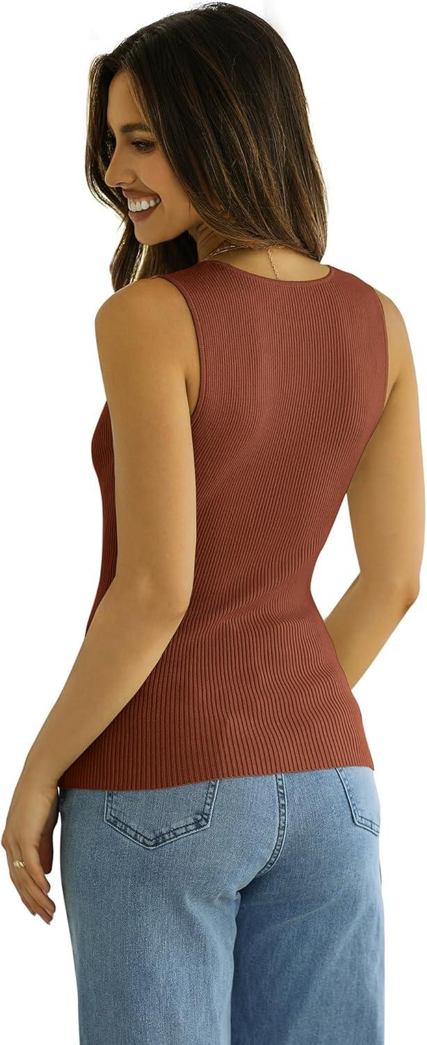 imageSAMPEEL Ribbed Tank Tops for Women Square Neck Summer Sleeveless TopsBrown
