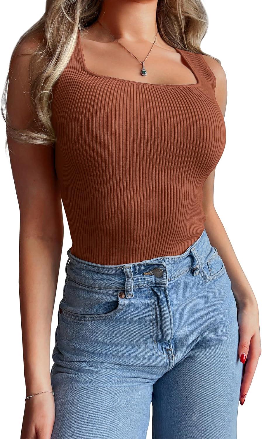 imageSAMPEEL Ribbed Tank Tops for Women Square Neck Summer Sleeveless TopsBrown