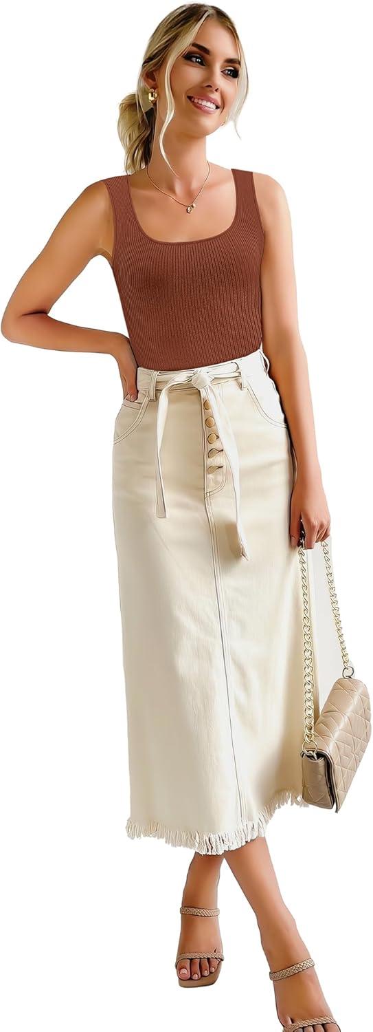 imageSAMPEEL Ribbed Tank Tops for Women Square Neck Summer Sleeveless TopsBrown