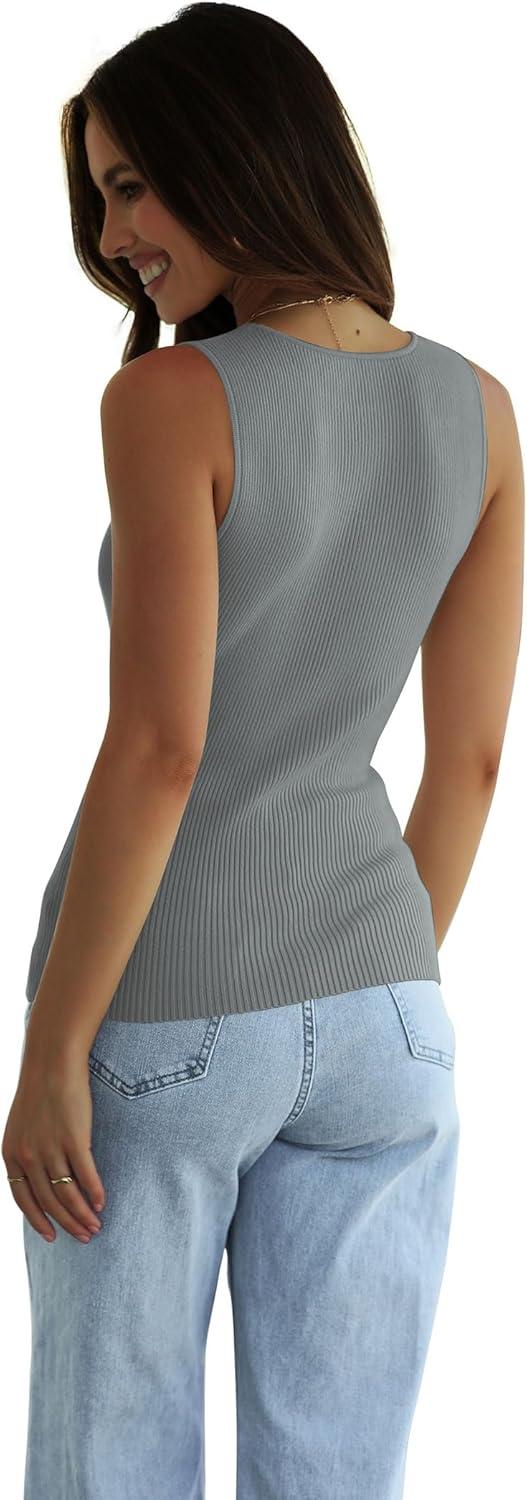 imageSAMPEEL Ribbed Tank top for Women Trendy Crewneck Sleeveless TopsGray