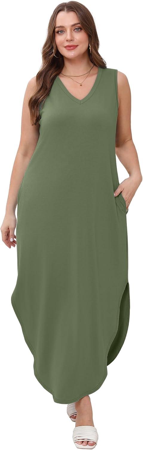 imageSAMPEEL Summer Dresses Maxi Dress Vacation Beach Sundresses 2025 with PocketsArmy Green